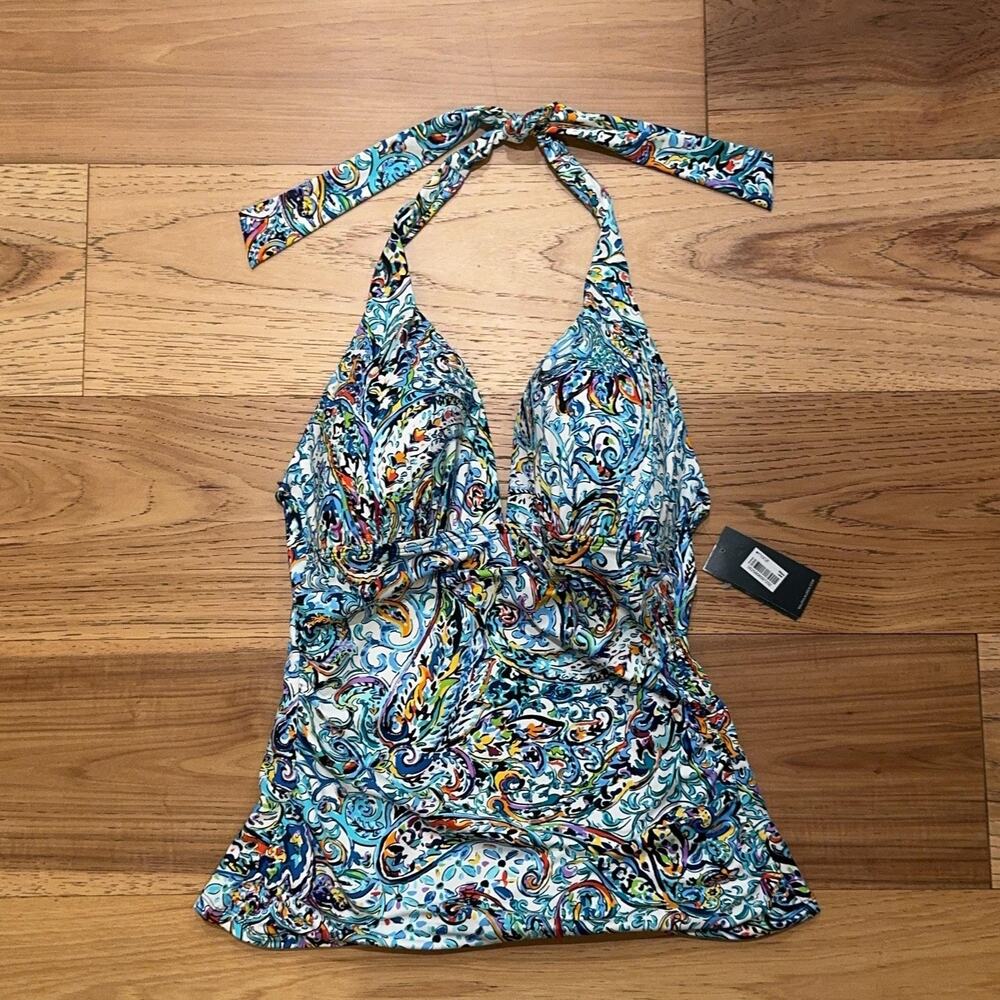 Lauren Ralph Lauren Tankini Top Sz 12 Blue Paisley Halter Swimming Vacation Prep